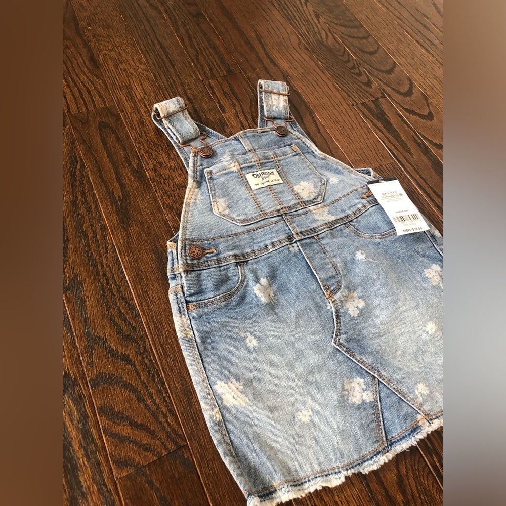 OshKosh B'Gosh Girls 12M Floral Vintage Wash Denim Skirtall/Overalls Dress - NWT - Picture 3 of 10